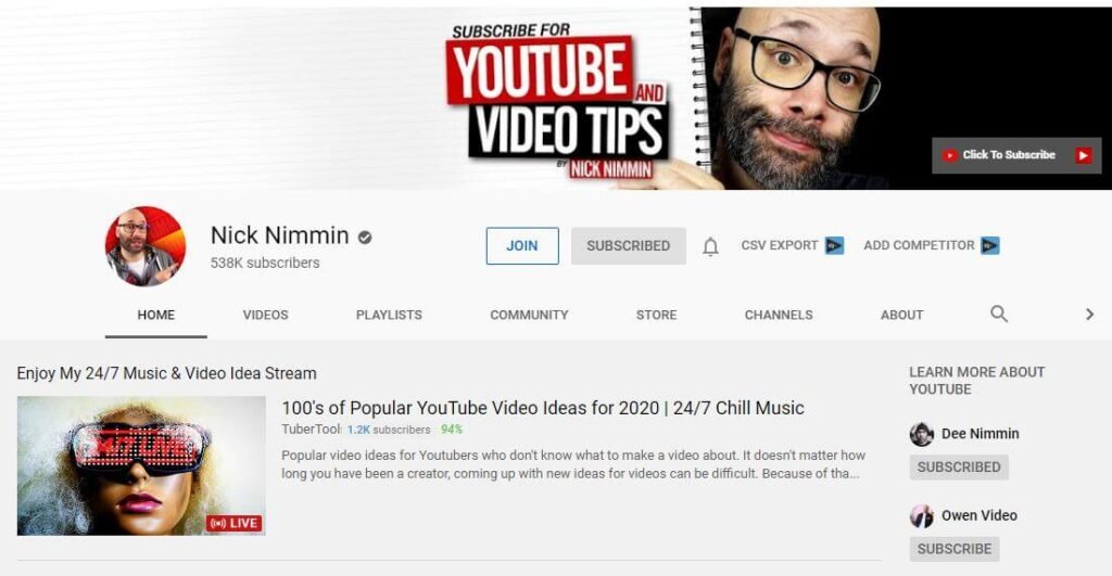 Nick Nimmin YouTube Channel for YouTube Marketing